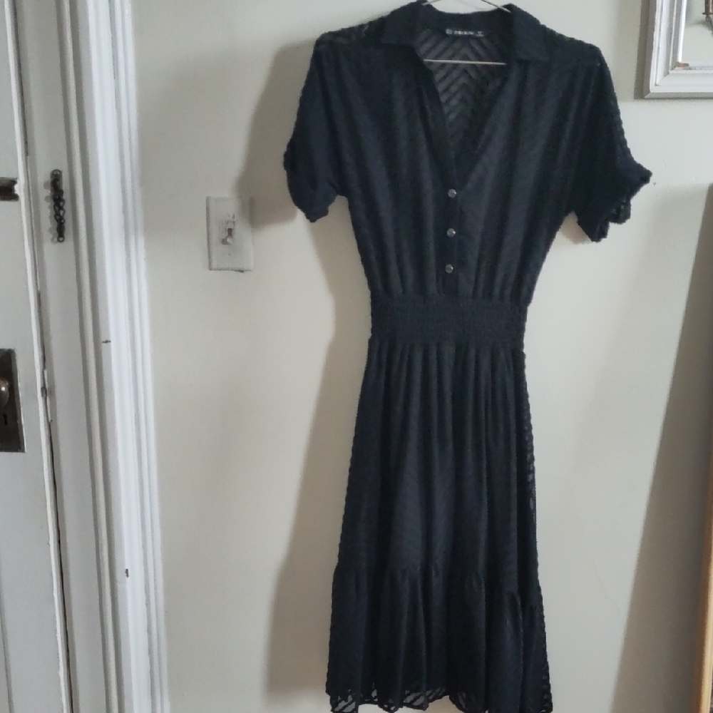 Zara Black Midi Dress with Lace Hem